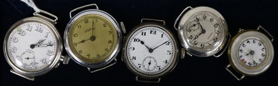 A Longines silver-cased trench-style wristwatch and four other trench style examples,